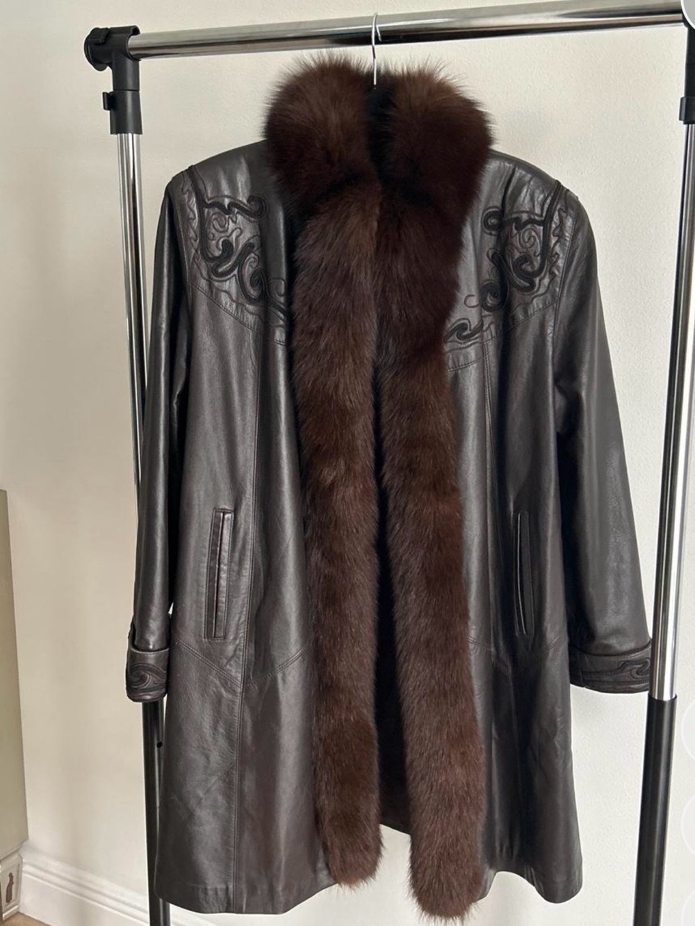 Vintage Givenchy Brown Leather Coat with Dark Brown Fur Trim